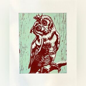 Owl Art Hand Printed Linocut Owl Reduction Print Woodland Animal Art Matted